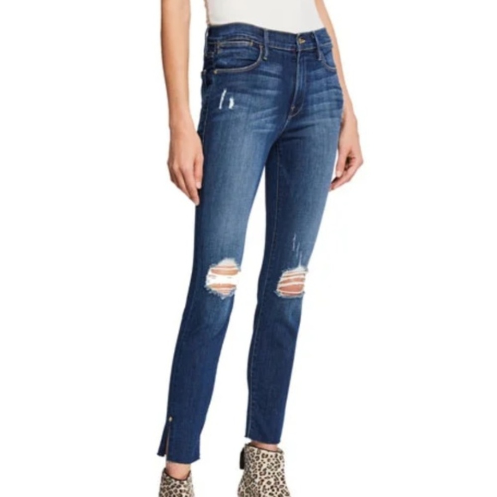 FRAME LE HIGH SKINNY RIPPED KNEES JEAN BLUE 30